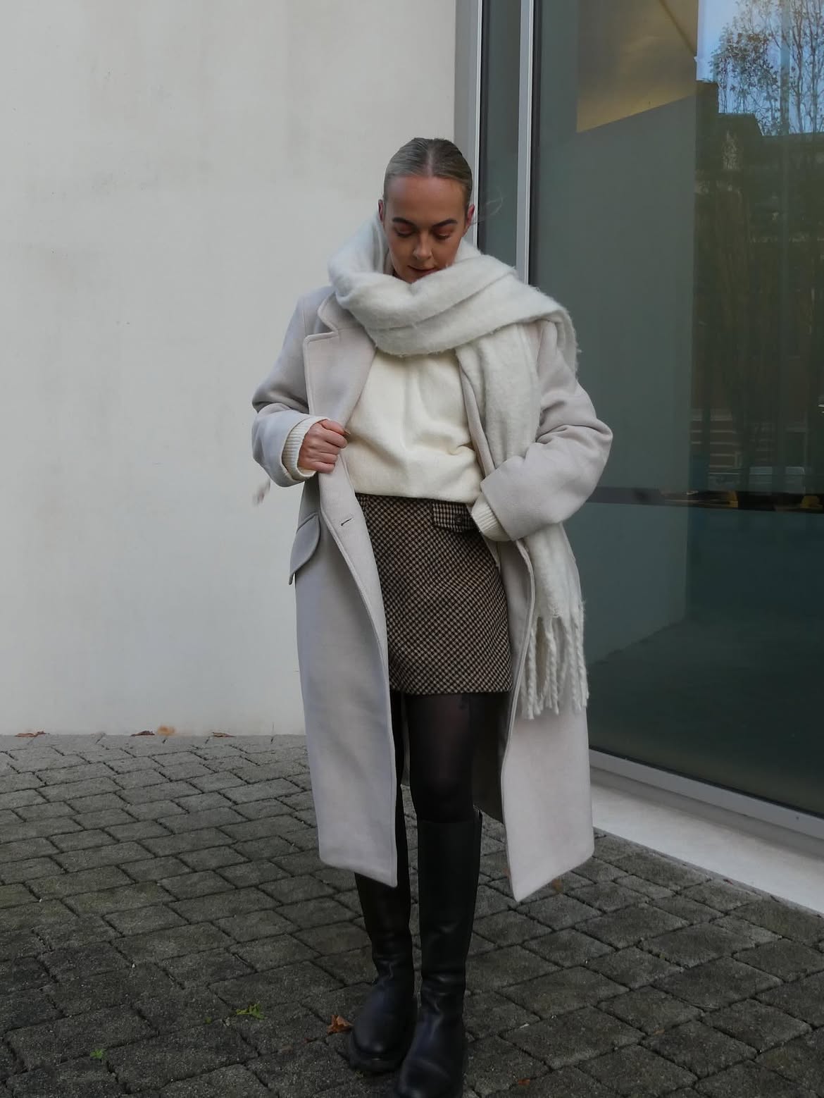 Cozy Cream Coat And Houndstooth Mini Skirt Winter Look