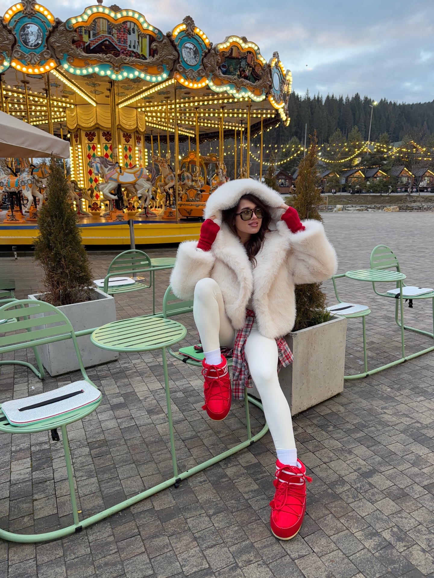 Cozy Faux Fur Coat And Bright Red Moon Boots