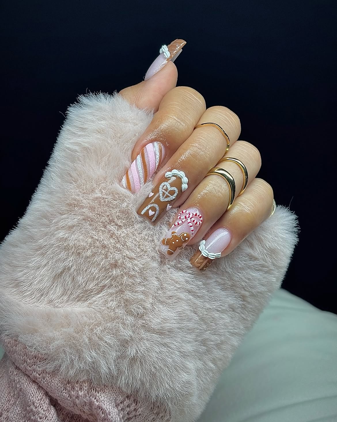 Cozy Gingerbread Christmas French Tip Coffin Nails