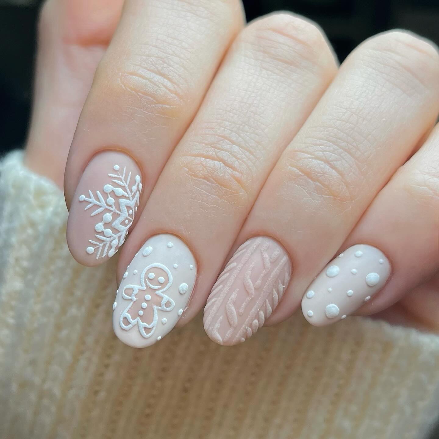 Cozy Gingerbread & Snowflake Matte Nails