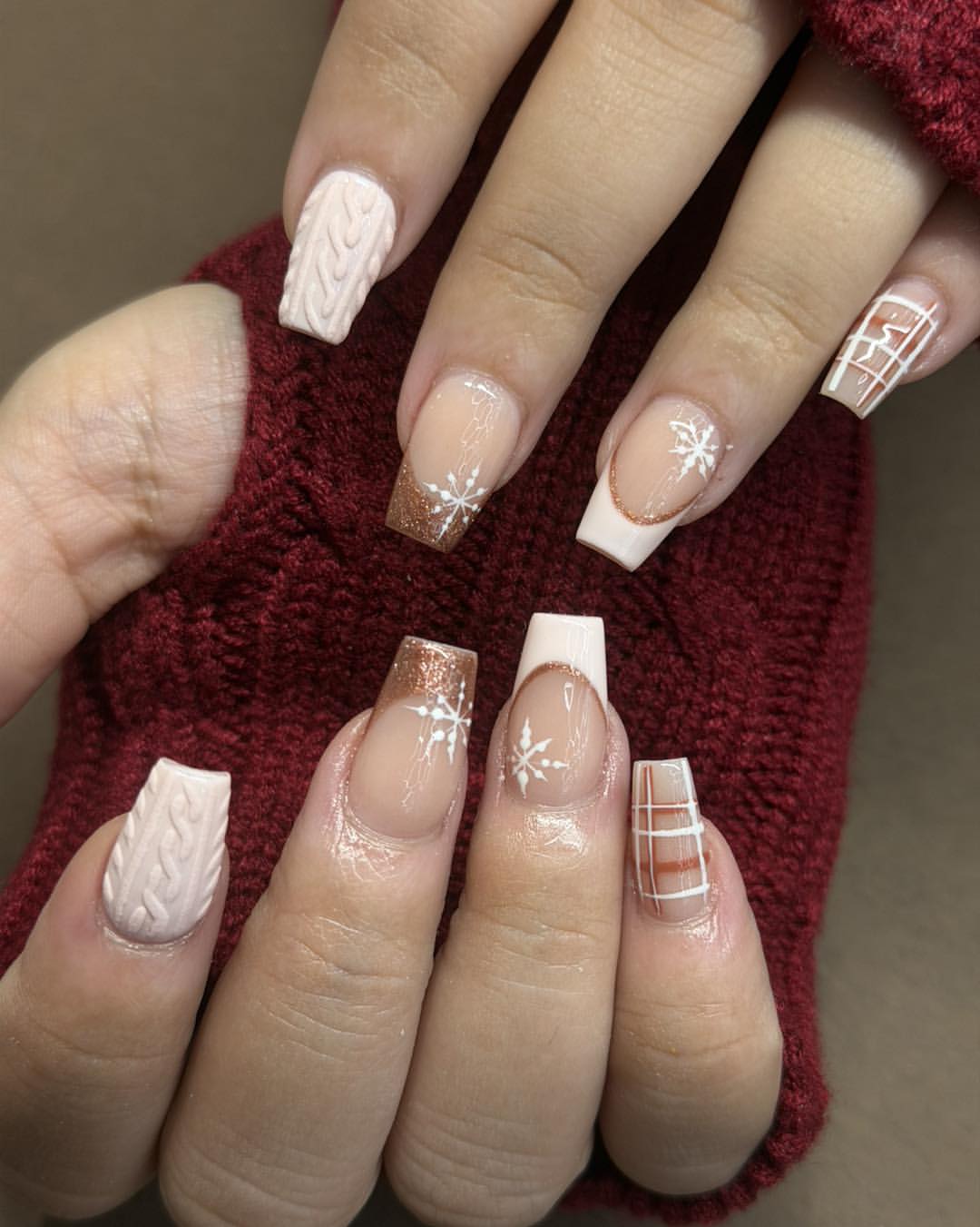 Cozy Knit And Snowflake Copper French Coffin Nails
