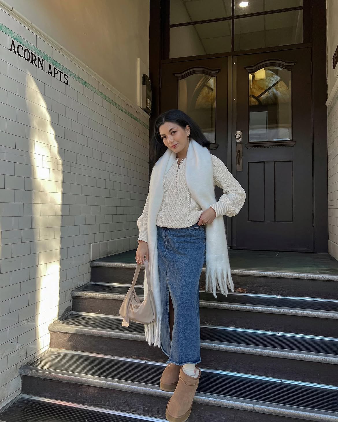 Cozy Knit Sweater With Denim Maxi Skirt Look