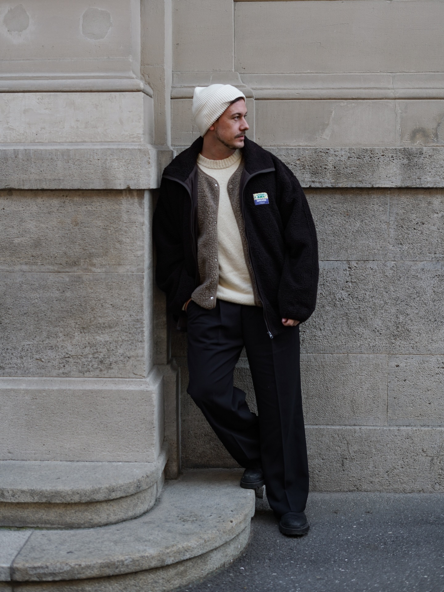 Cozy Layers: Black Fleece And Cream Knit Winter Style