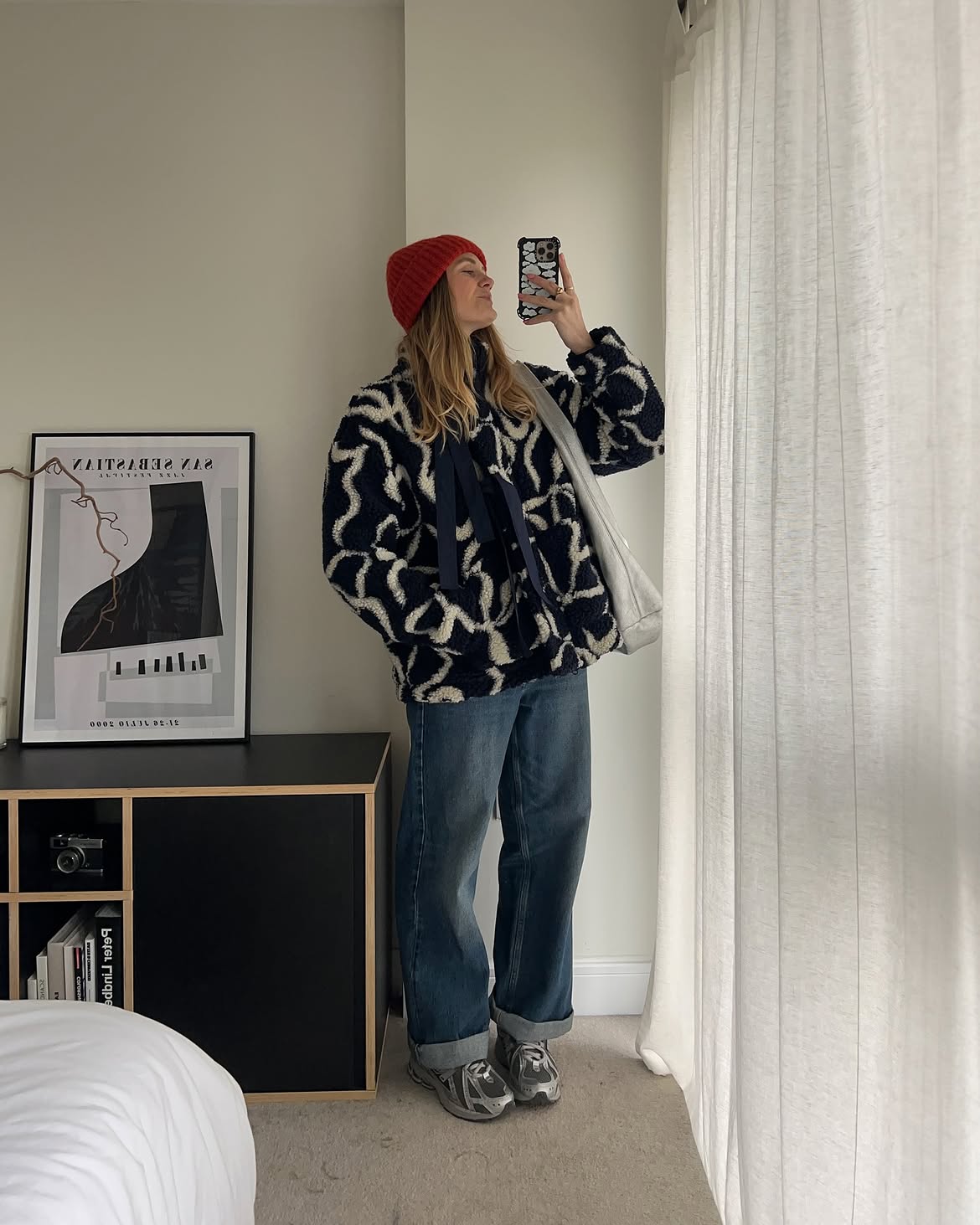 Cozy Patterned Fleece And Red Beanie Casual Winter Look