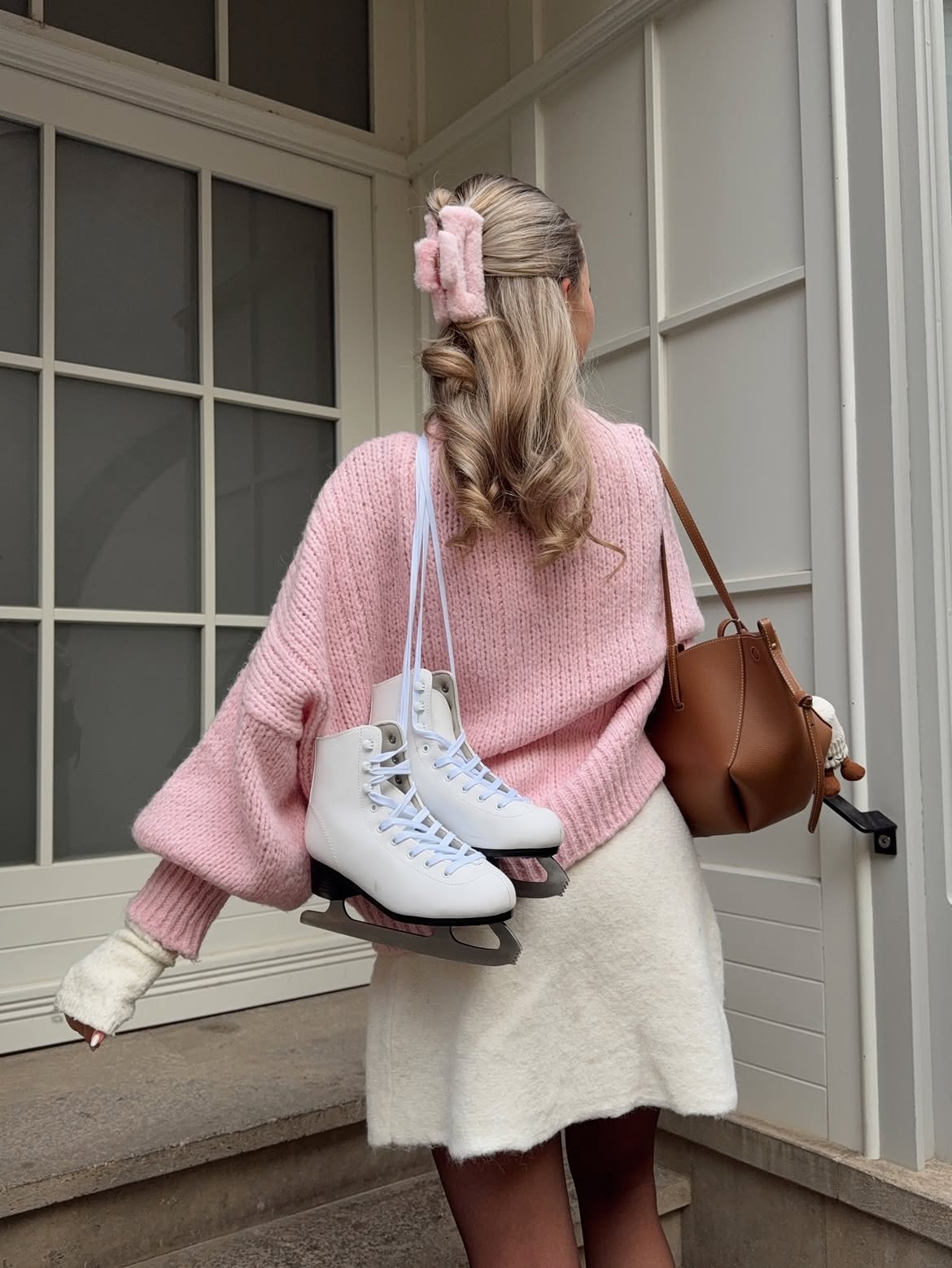 Cozy Pink Knit Sweater And White Mini Skirt Winter Outfit