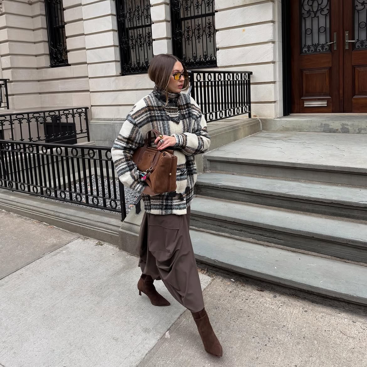 Cozy Plaid Shacket And Draped Skirt Combo