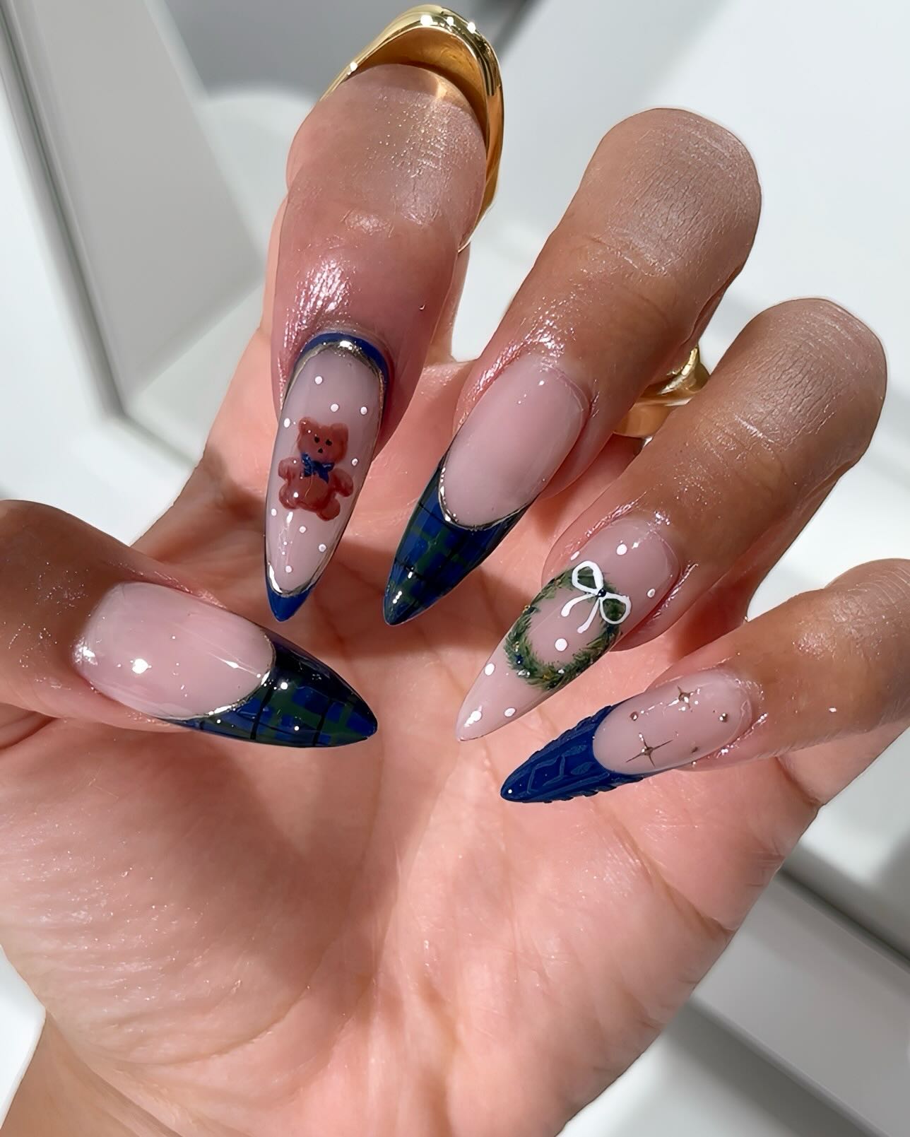 Cozy Plaid Teddy Bear Winter French Tips