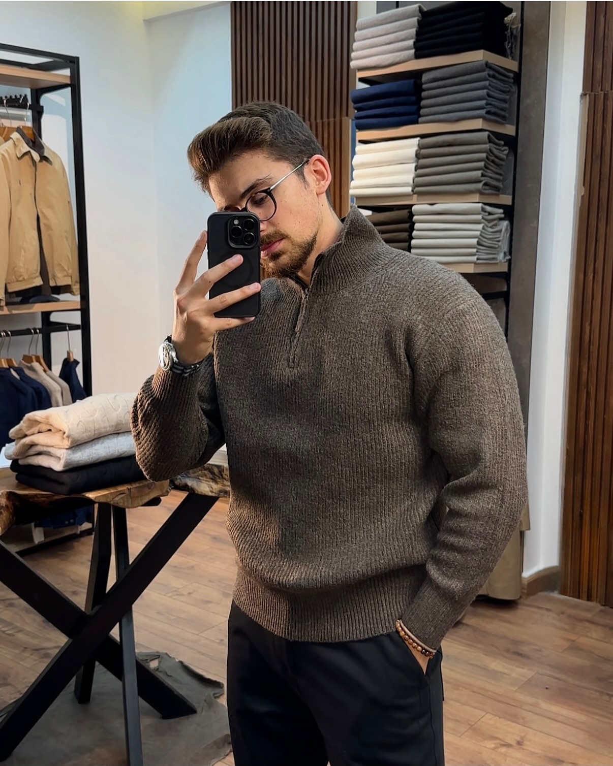 Cozy Quarter Zip Knit With Tailored Black Trousers