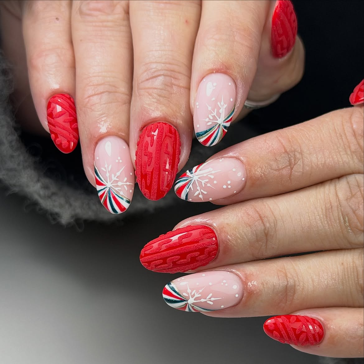Cozy Red Sweater & Snowflake Oval Nails