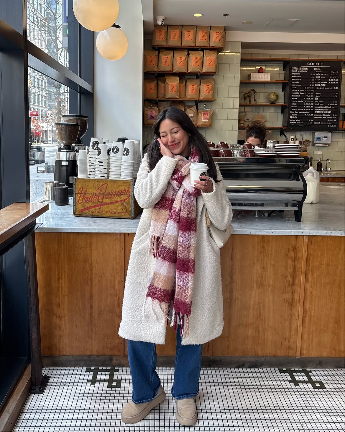 Cozy Sherpa Coat And Plaid Scarf Holiday Coffee Run