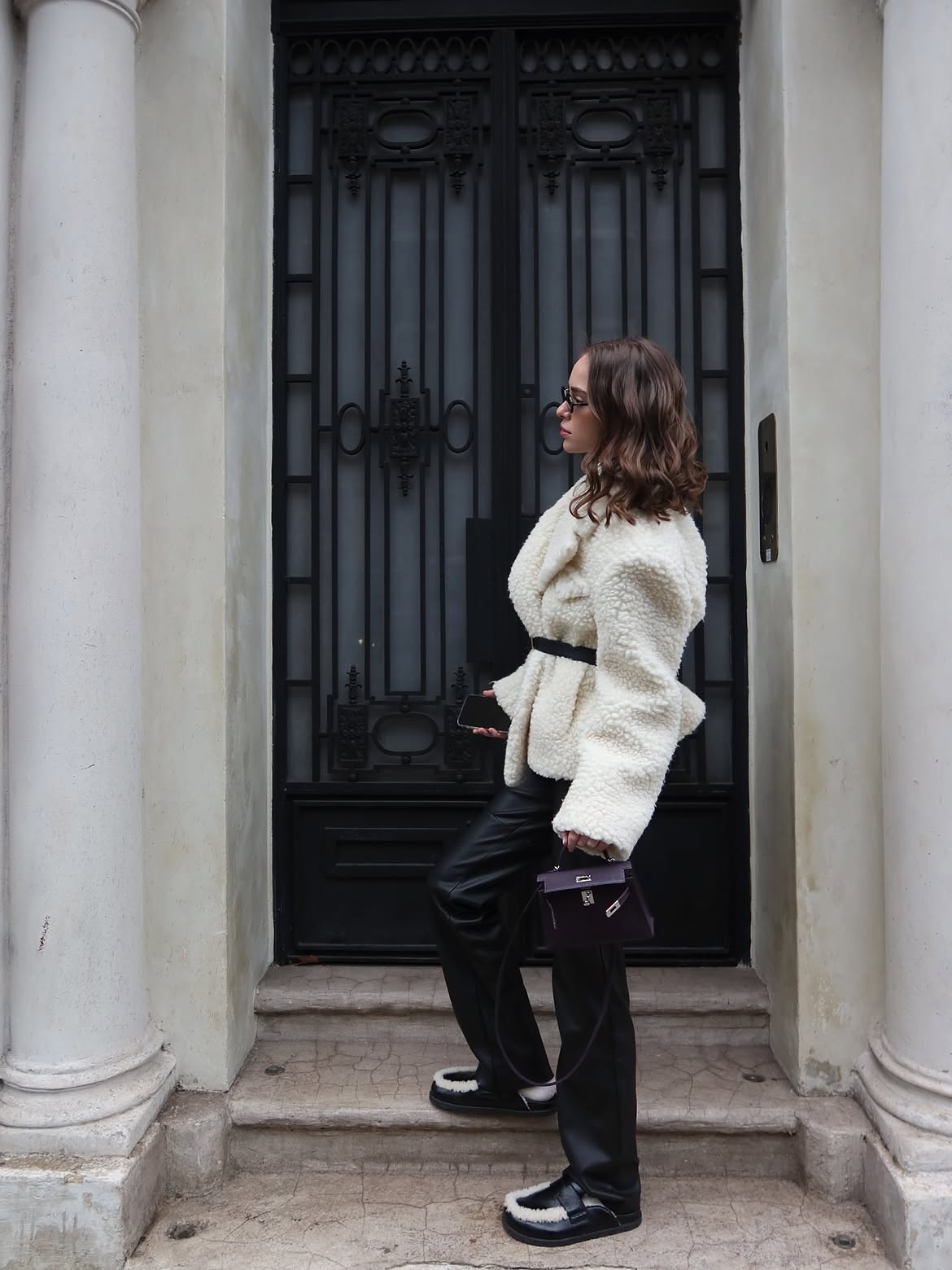 Cozy Sherpa Jacket And Black Leather Trousers