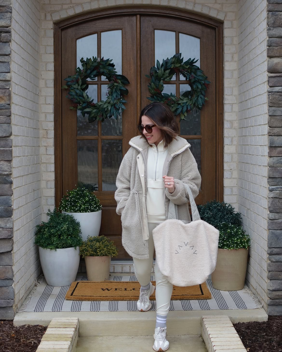 Cozy Sherpa Jacket And Cream Athleisure Holiday Look