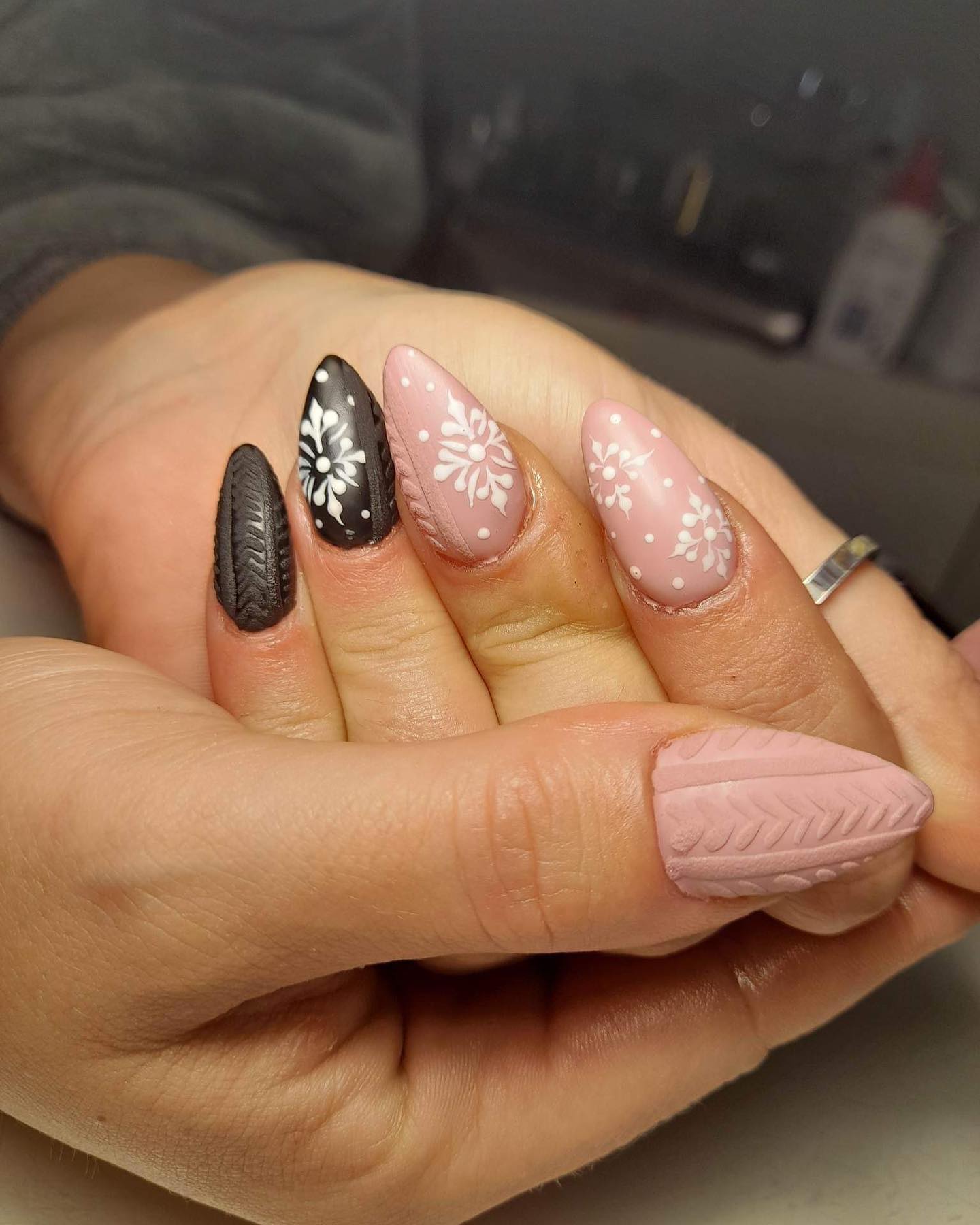 Cozy Sweater Nail Art with Snowflakes