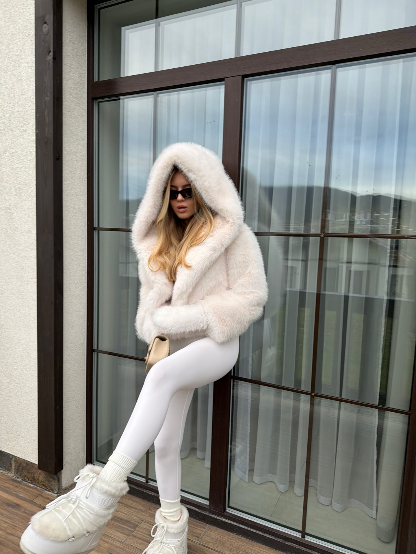 Cream Faux Fur Hooded Jacket And White Leggings