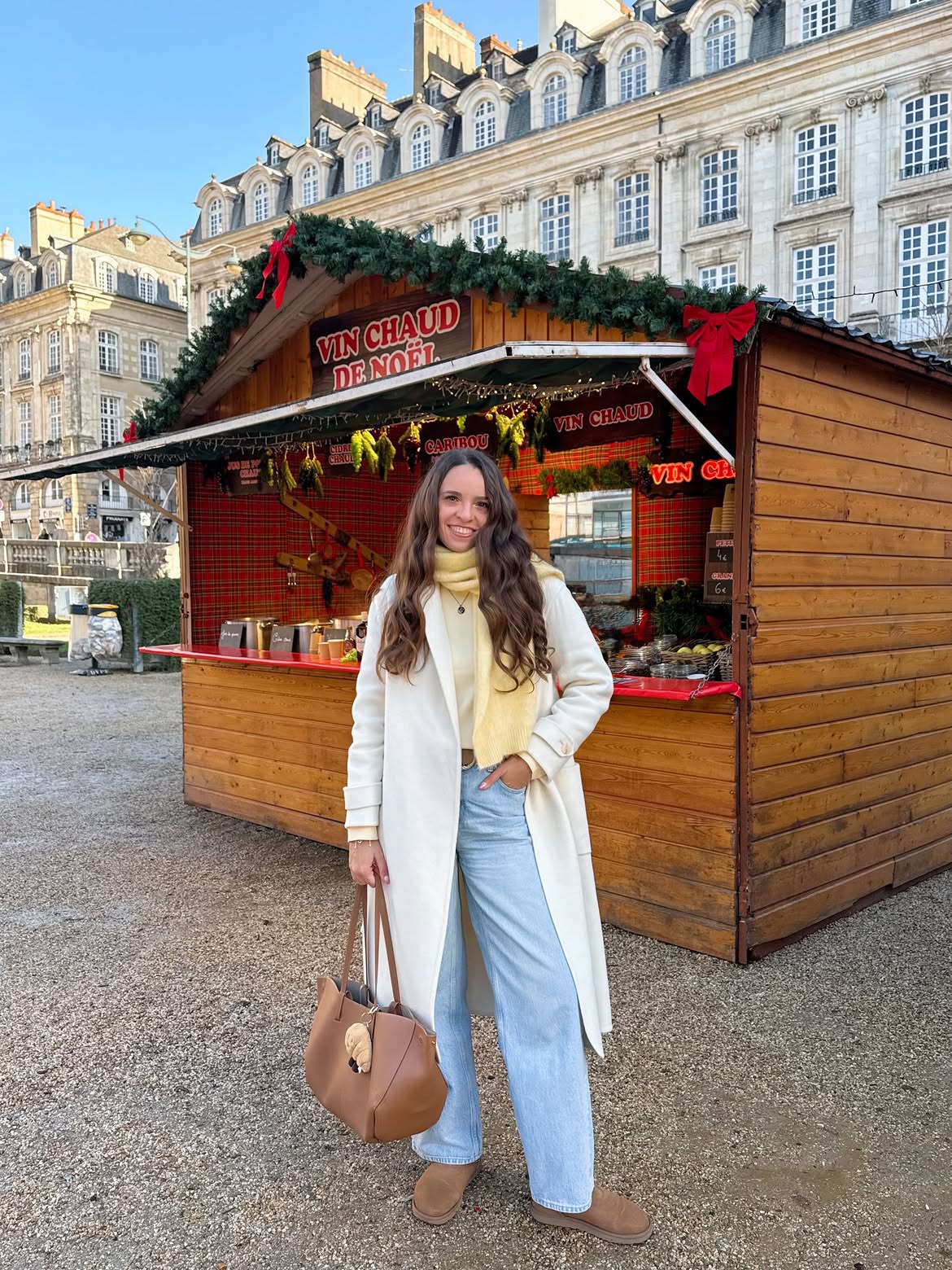 Cream Long Coat And Scarf Winter Market Outfit