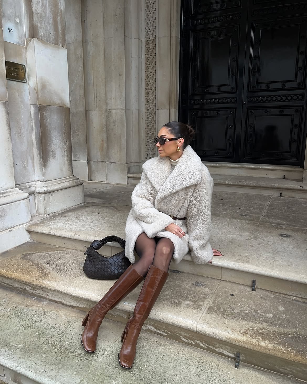 Cream Teddy Coat And Brown Knee-High Boots Look