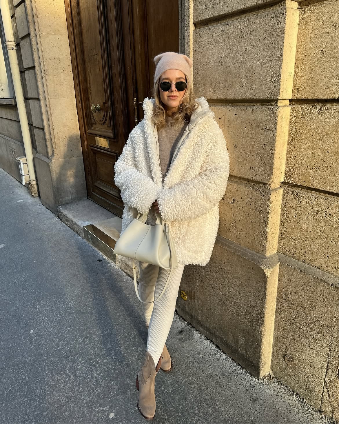 Cream Teddy Coat And Ribbed Leggings Outfit