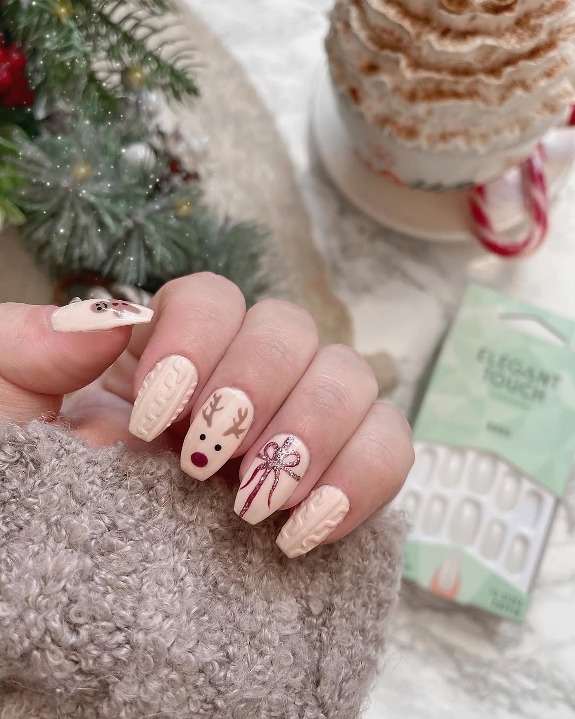Creamy Reindeer And Cable Knit Coffin Nails
