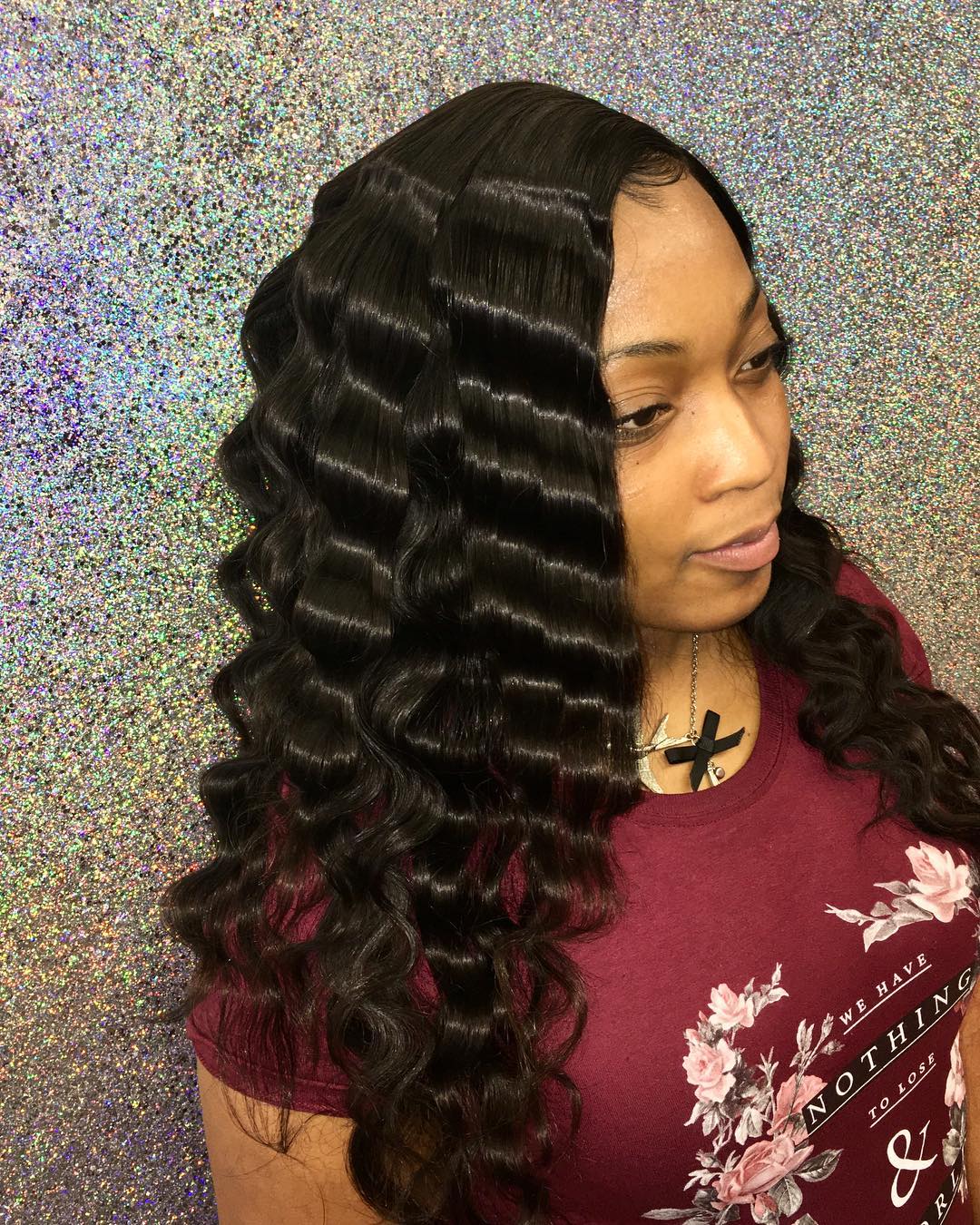 Long Layered Black Hair With Loose Uniform Crimp Long Layered Black Hair With Loose Uniform Crimp — Crimped Hair