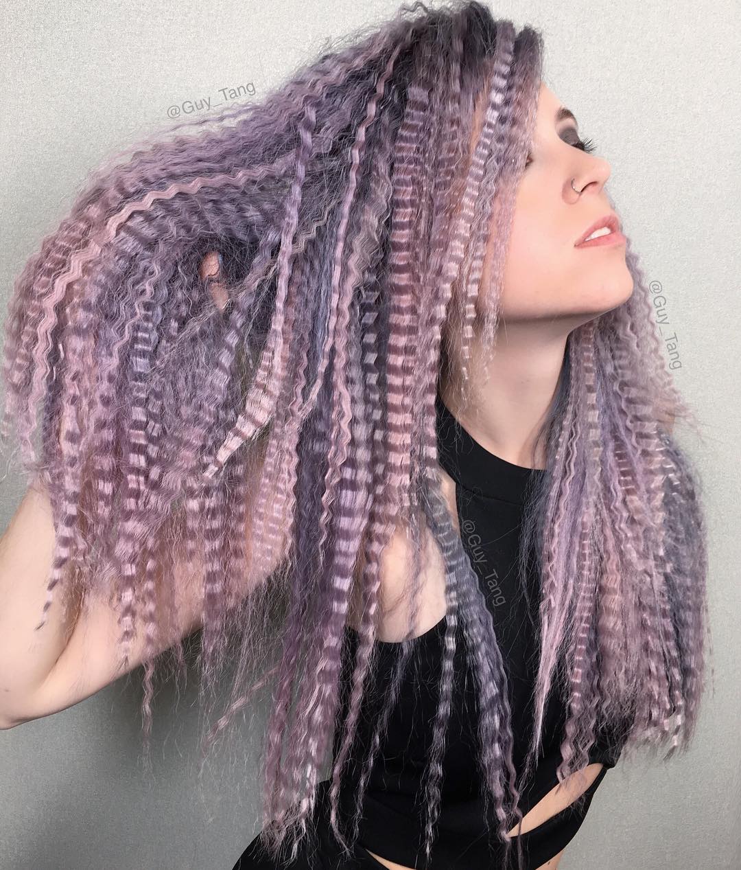 Mid-Back Length With Lavender And Gray Highlights Mid-Back Length With Lavender And Gray Highlights — Crimped Hair