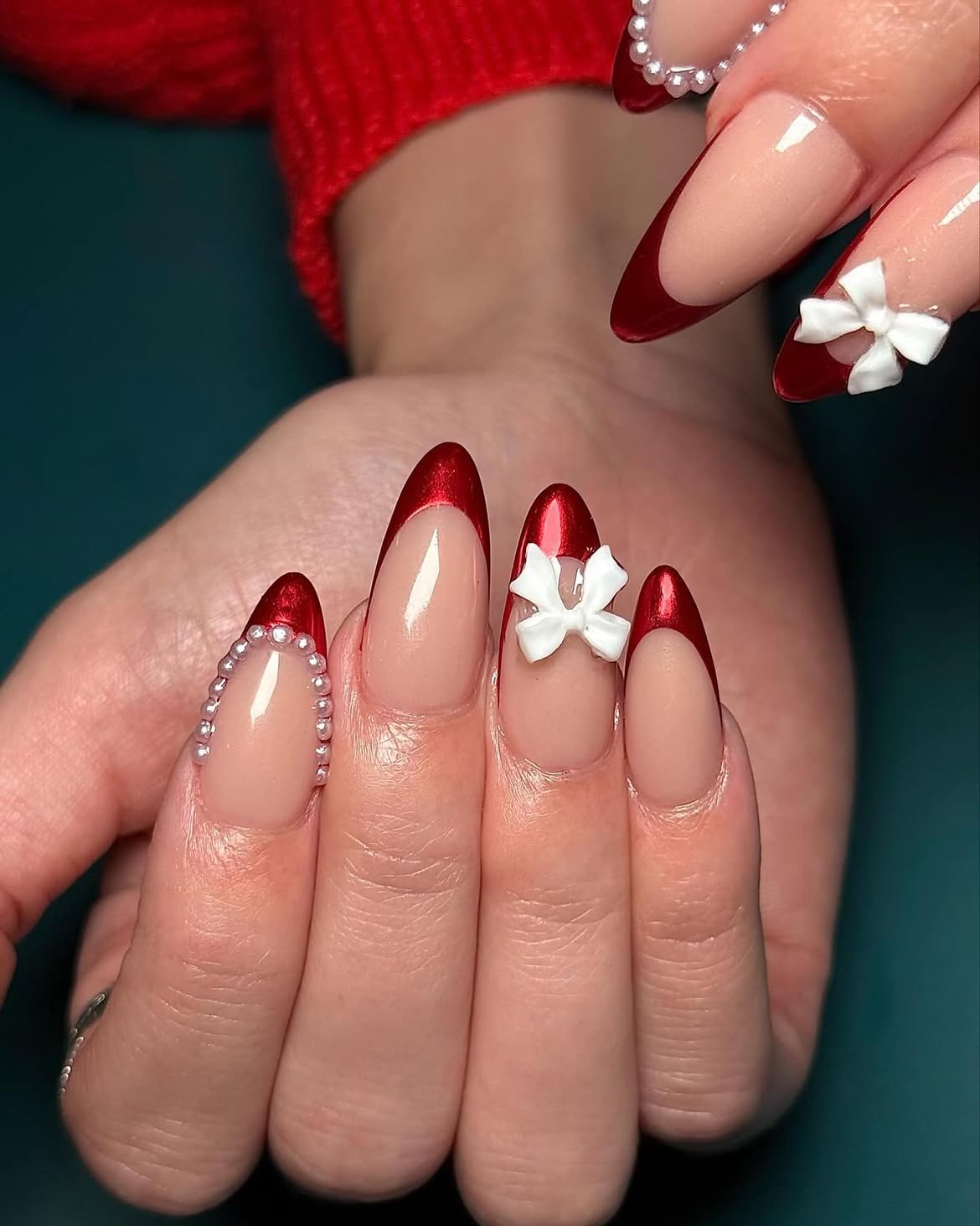 Crimson Metallic French Tip Bow Accent Nails