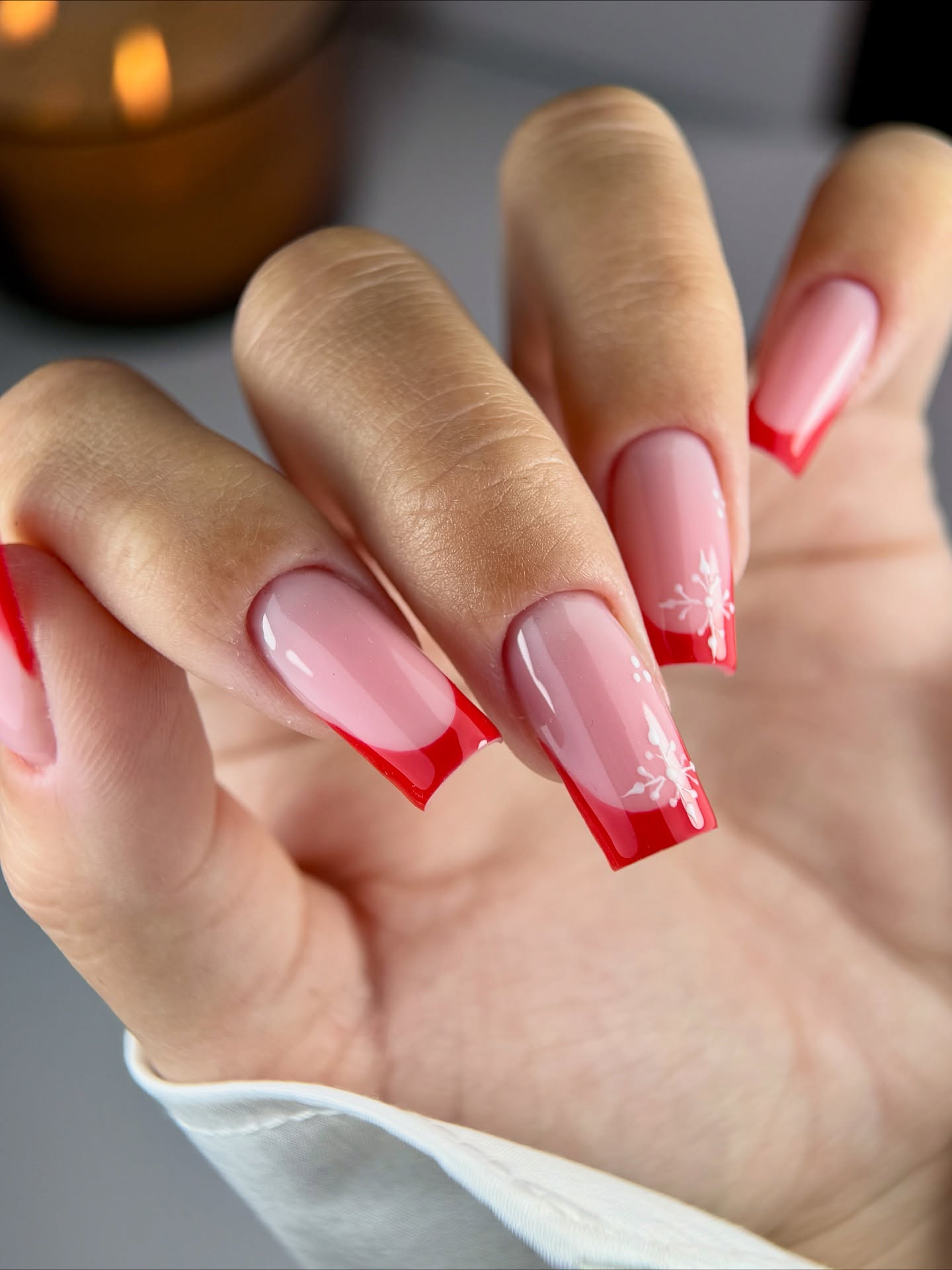 Crimson Snowflake French Tip Square Nails