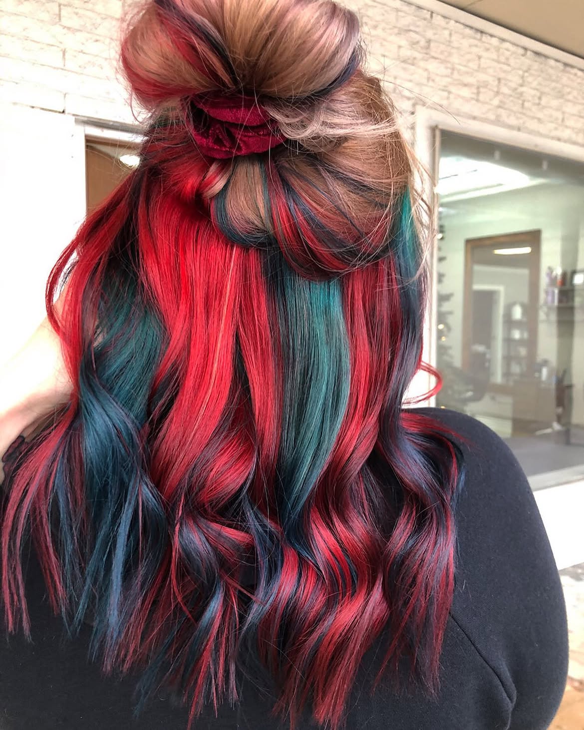 Crimson & Teal Bold Color Block Hair