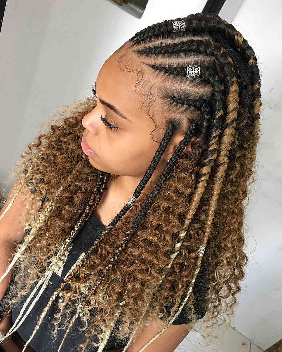 Mid-Back Mixed Braids and Curls With Black And Blonde Highlights — Crochet Hair