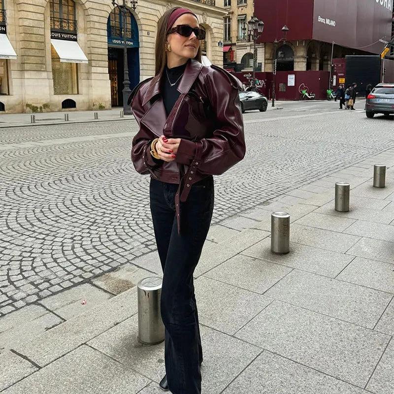 Burgundy Leather Jacket With Black Turtleneck And Jeans — Cropped Jacket Outfits