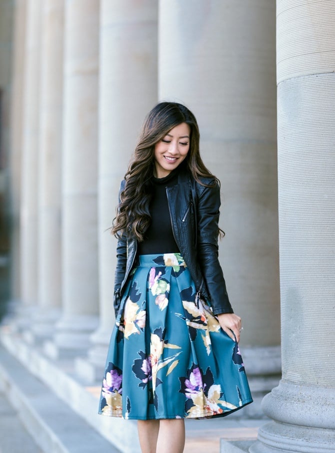 Black Leather Cropped Jacket Over Black Turtleneck With Floral Midi — Cropped Jacket Outfits