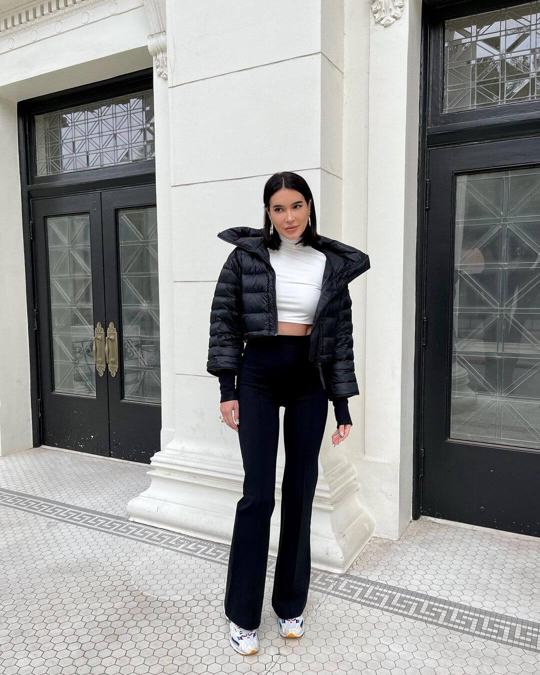 Black Cropped Puffer Jacket With White Turtleneck Crop Top And Flared — Cropped Jacket Outfits