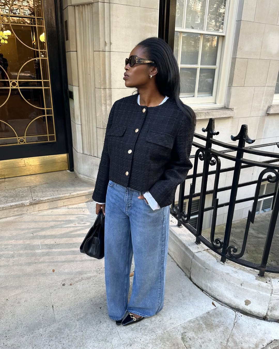 Black Bouclé Cropped Jacket With Gold Buttons And Straight-Leg Jeans — Cropped Jacket Outfits