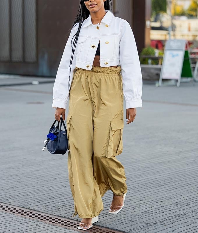 White Oversized Cropped Denim Jacket With Khaki Cargo Pants — Cropped Jacket Outfits