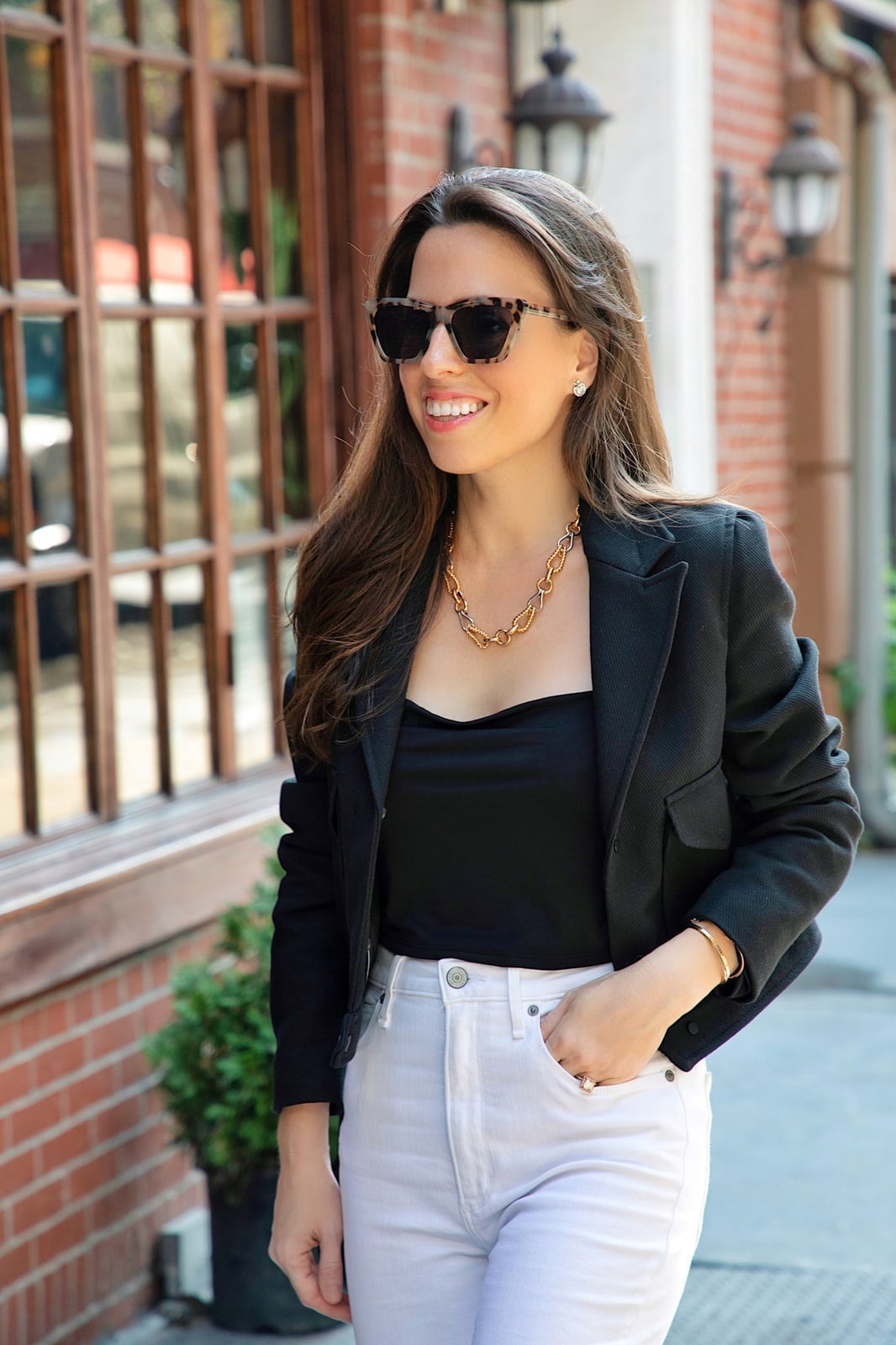 Black Textured Cropped Jacket With White Jeans — Cropped Jacket Outfits