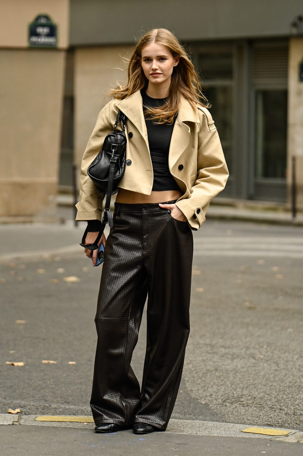 Beige Cropped Trench Jacket With Black Crop Top And Wide Trousers — Cropped Jacket Outfits