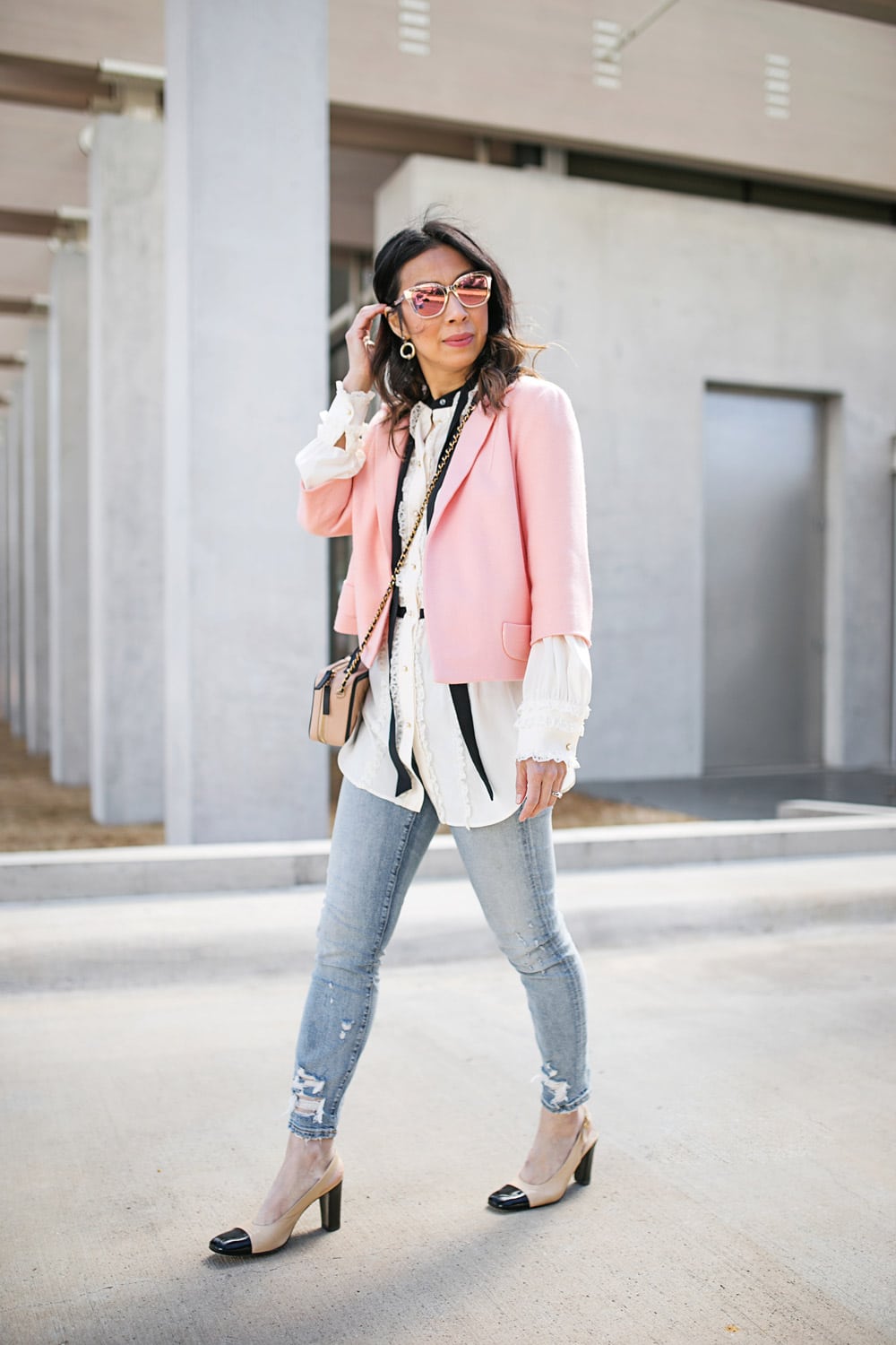 Pink Cropped Blazer Over White Ruffled Blouse And Distressed Jeans — Cropped Jacket Outfits