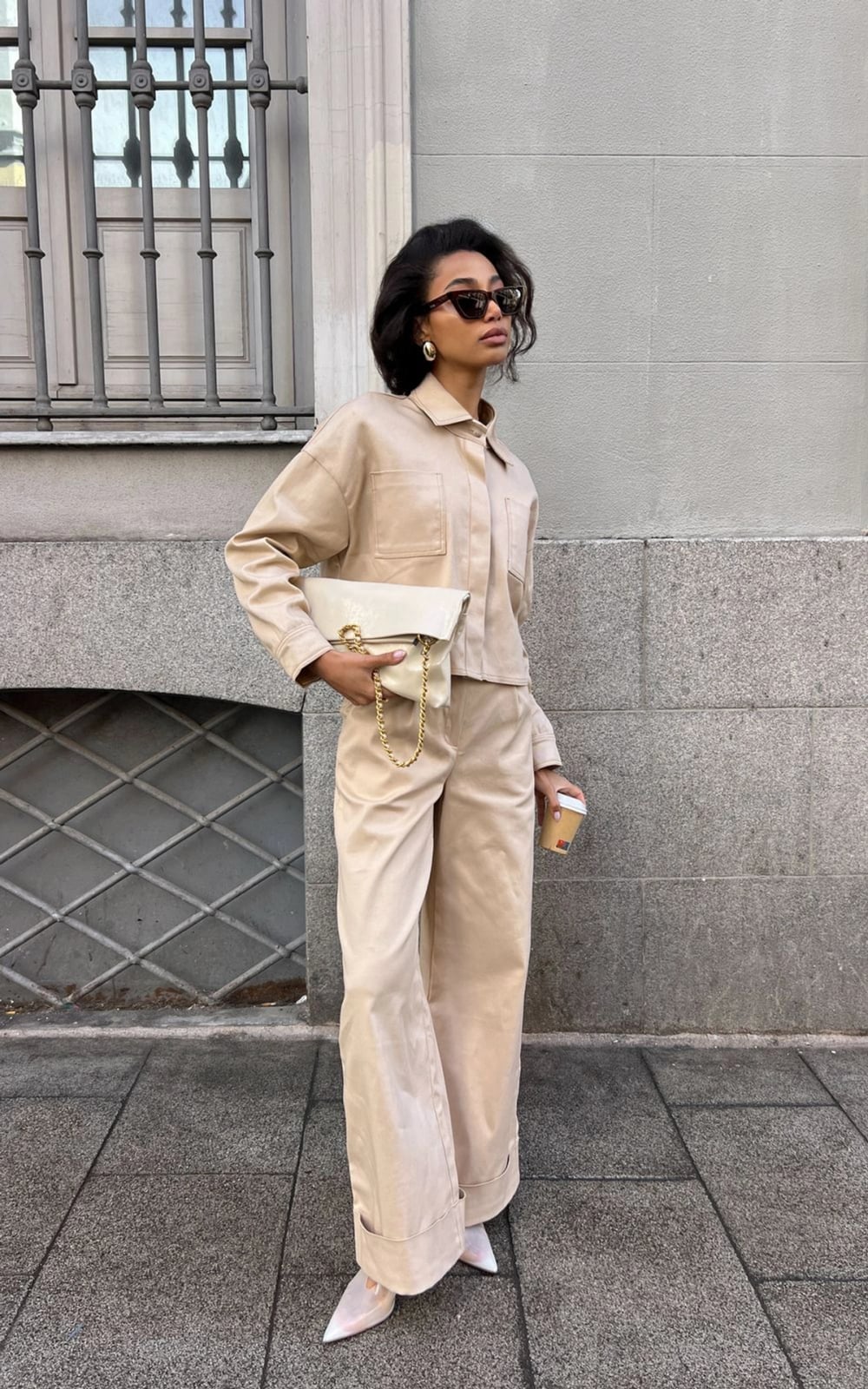 Beige Cotton Twill Cropped Jacket And Matching Wide-Leg Trousers — Cropped Jacket Outfits