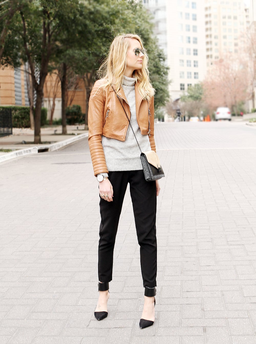 Tan Cropped Leather Jacket Over Gray Turtleneck And Black Trousers — Cropped Jacket Outfits