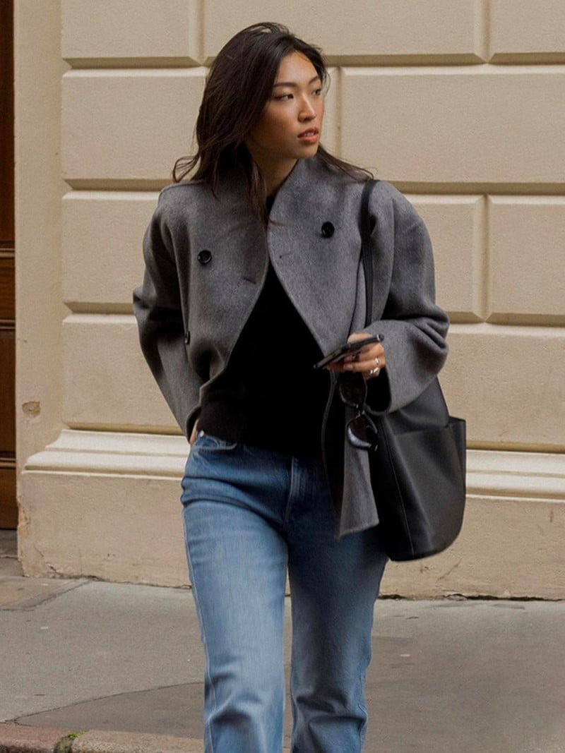 Gray Oversized Cropped Wool Jacket With Black Sweater And Blue Jeans — Cropped Jacket Outfits