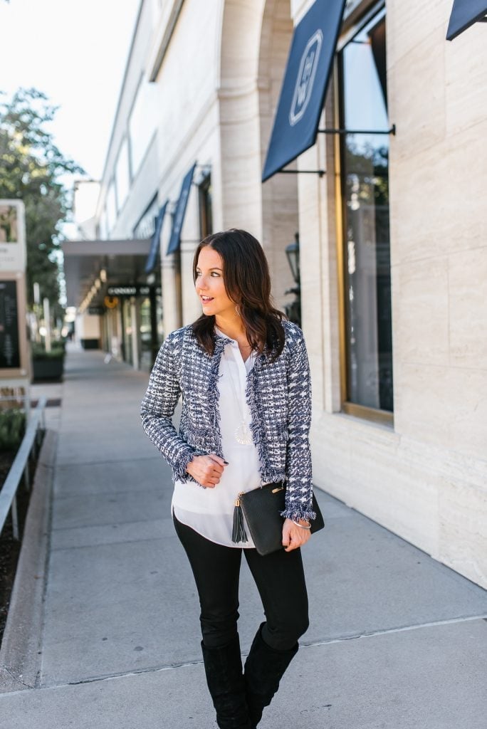Blue And White Bouclé Cropped Jacket With Fringe Trim And Black Pants — Cropped Jacket Outfits