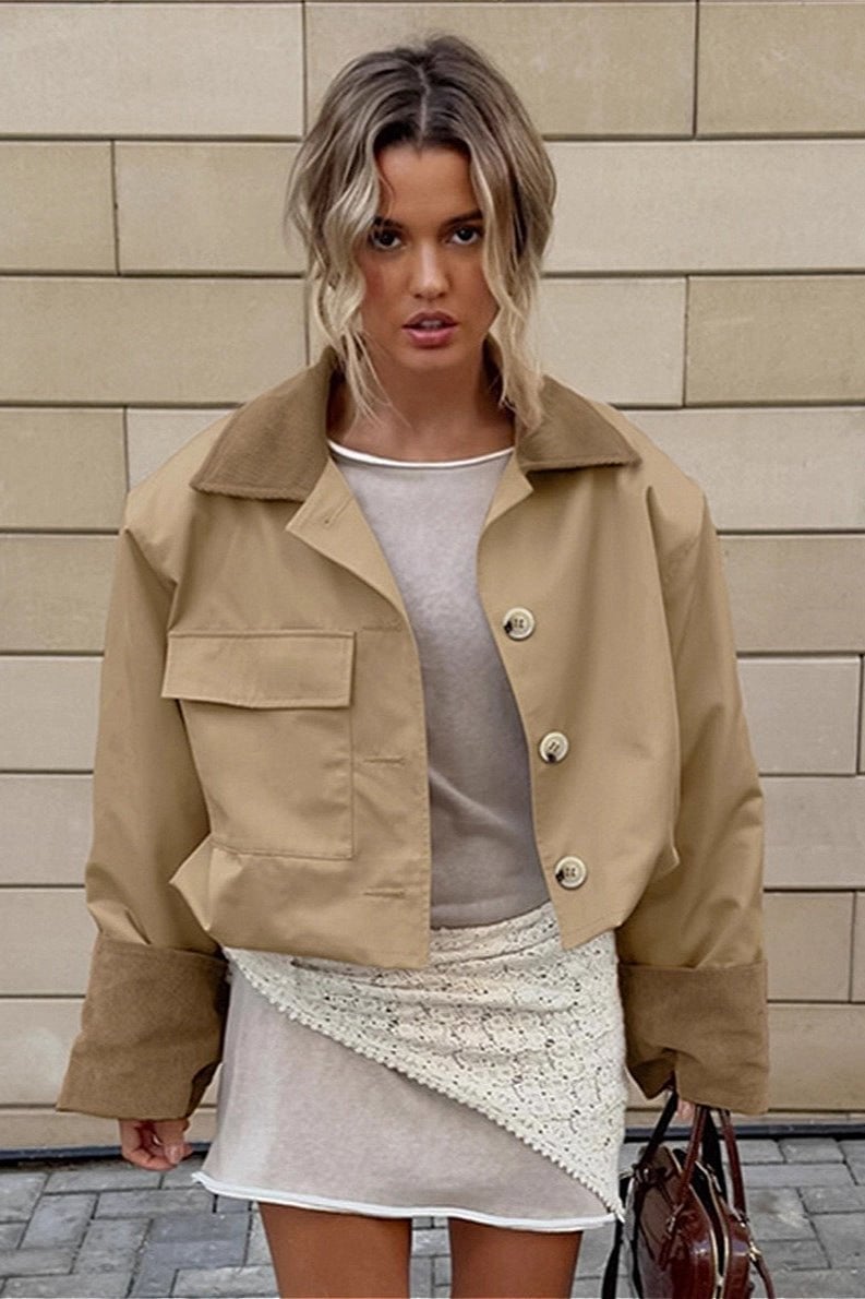 Khaki Cropped Utility Jacket With Contrasting Collar And White Skirt — Cropped Jacket Outfits