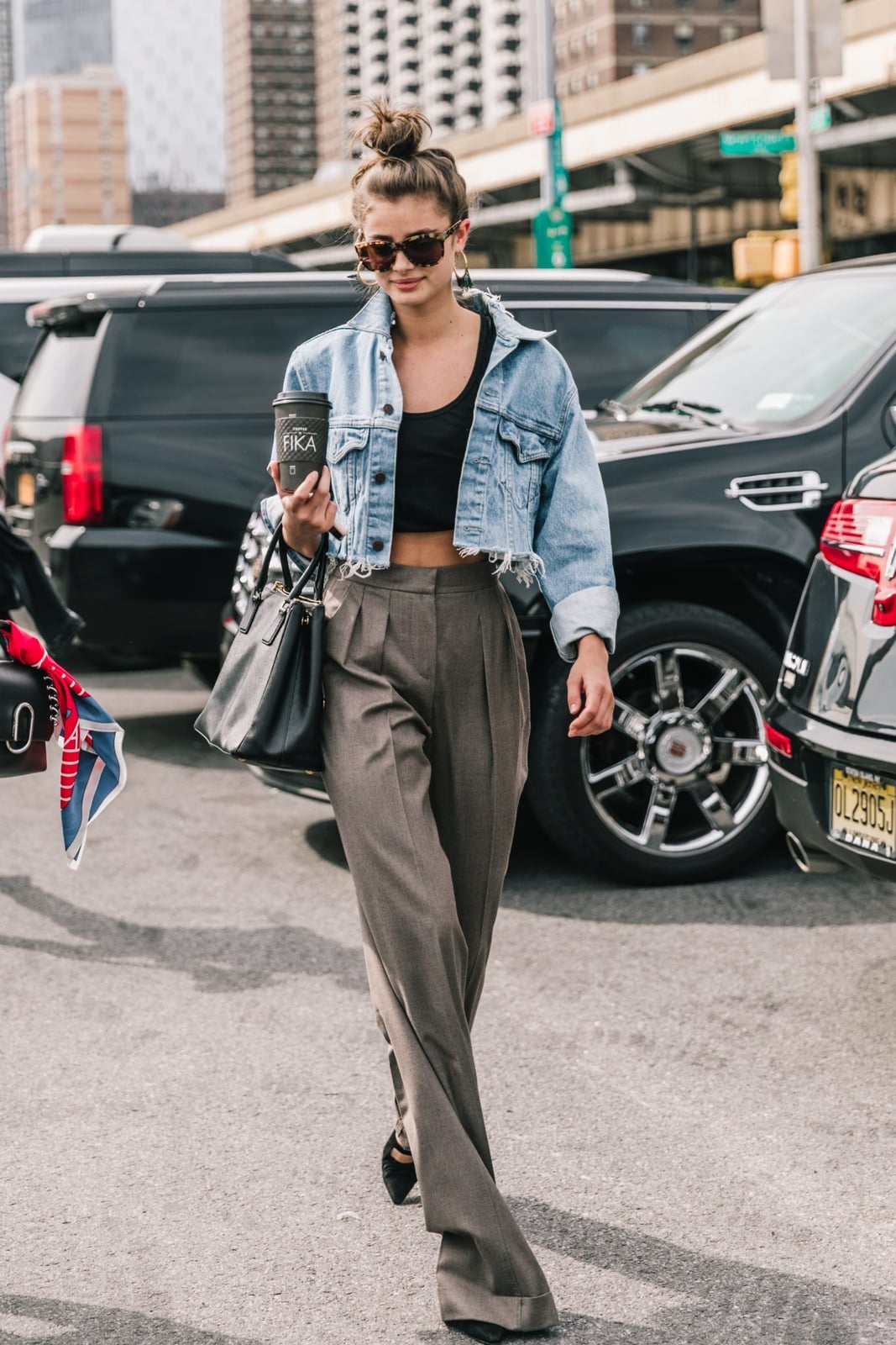 Blue Denim Cropped Jacket Over Black Crop Top With Gray Wide-Leg Pants — Cropped Jacket Outfits