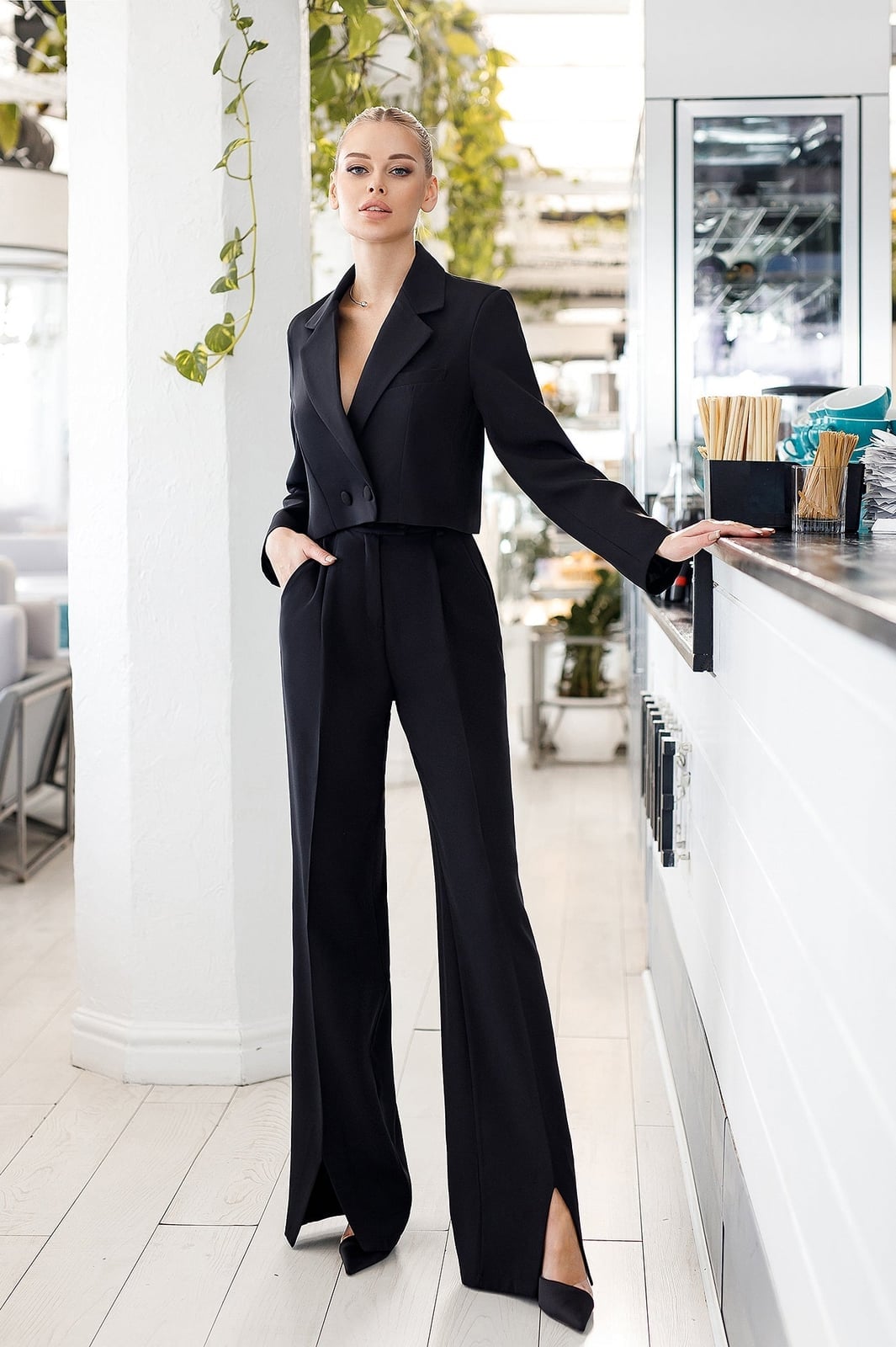 Black Double-Breasted Cropped Jacket With Matching Wide-Leg Pants — Cropped Jacket Outfits