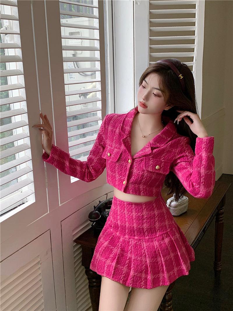 Pink Textured Cropped Jacket With Matching Pleated Mini Skirt — Cropped Jacket Outfits