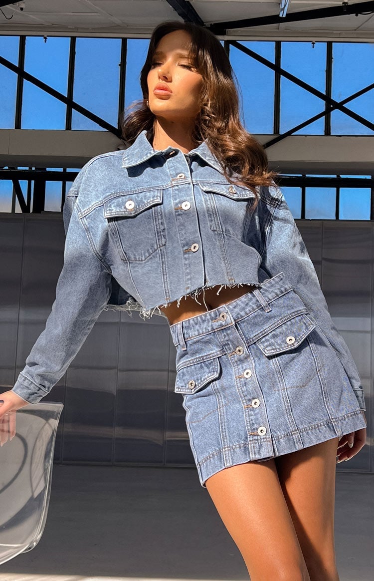 Mid-Wash Blue Denim Cropped Jacket And Mini Skirt Set — Cropped Jacket Outfits