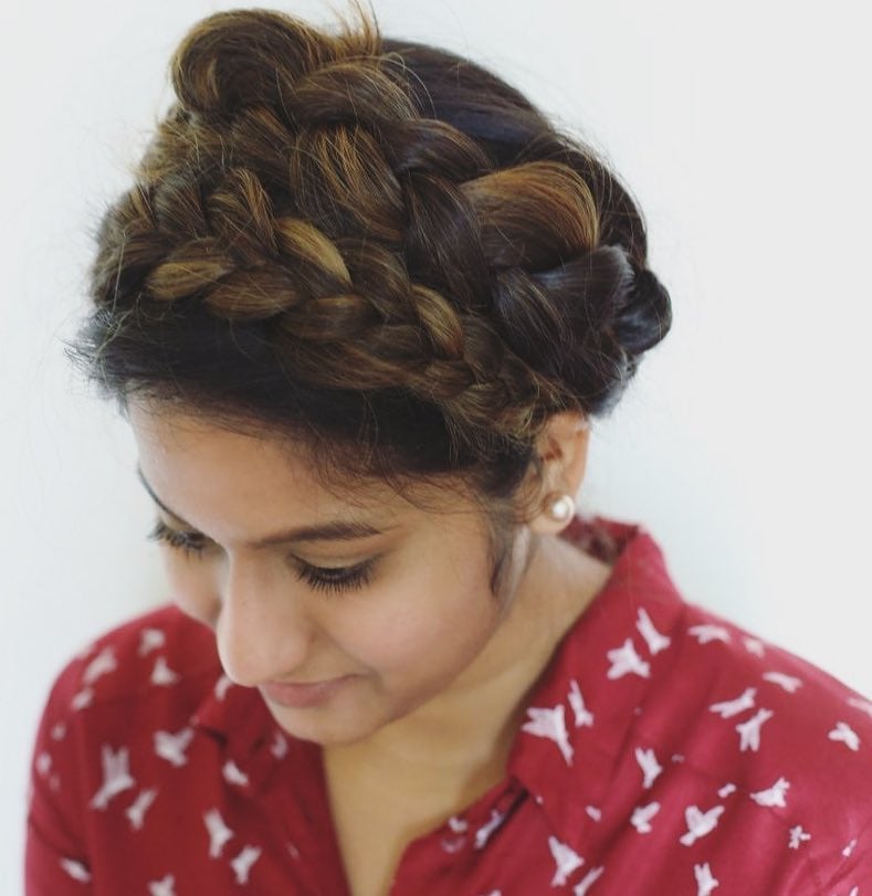 Mid-Back Thick Wavy Dark Crown Braid, Layers Mid-Back Thick Wavy Dark Crown Braid, Layers