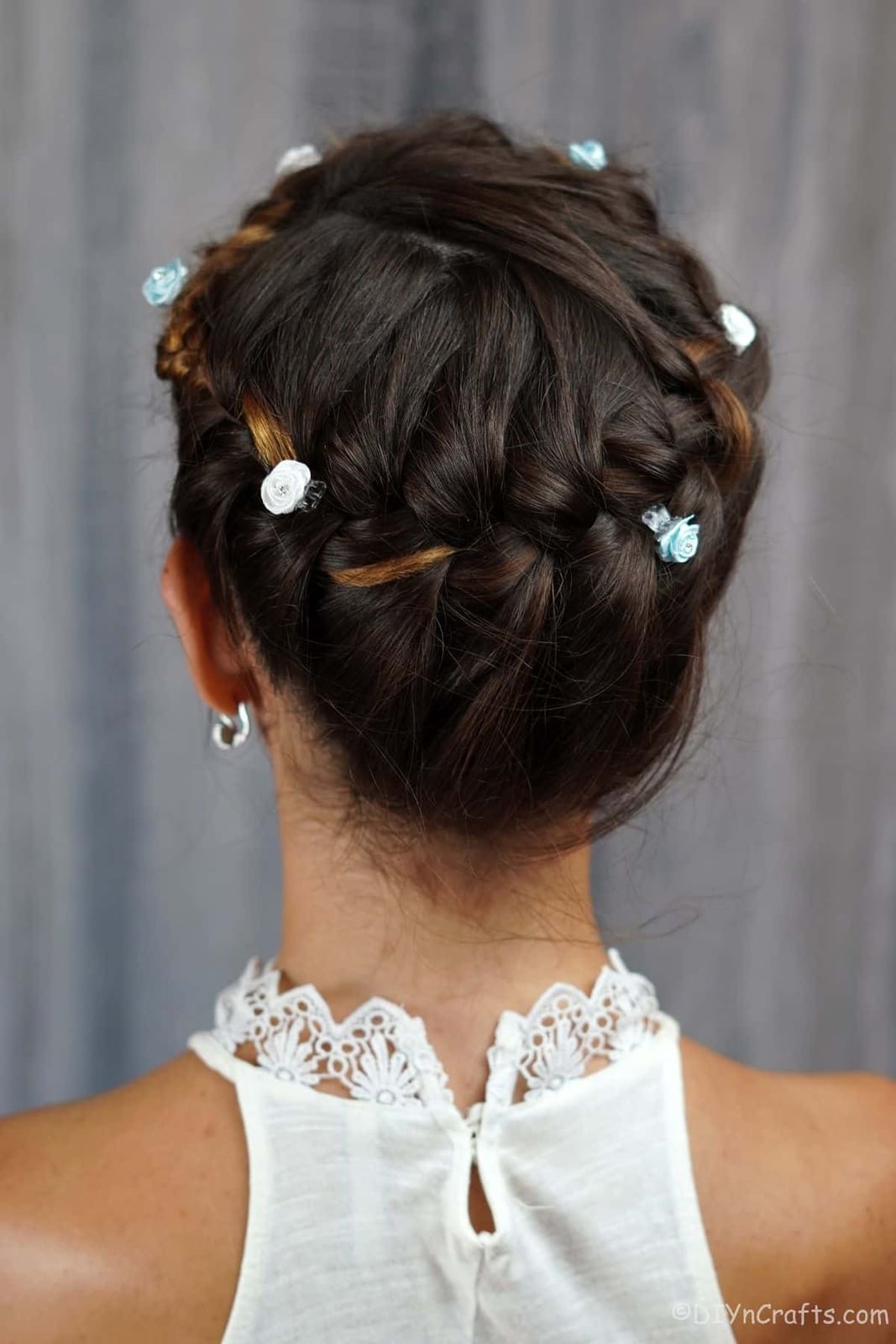 Dark Brown Wavy Thick Braided Updo Crown, Close-Up Take Dark Brown Wavy Thick Braided Updo Crown, Close-Up Take — Crown Braid