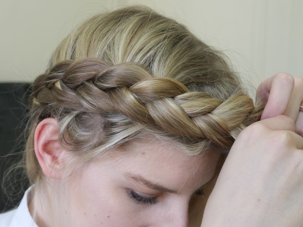 Blonde Wavy Medium Crown Braid In Progress Blonde Wavy Medium Crown Braid In Progress