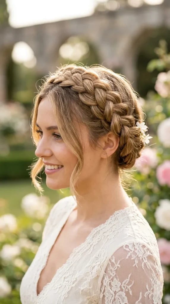 Blonde Wavy Crown Braid With Curtain Bangs Blonde Wavy Crown Braid With Curtain Bangs