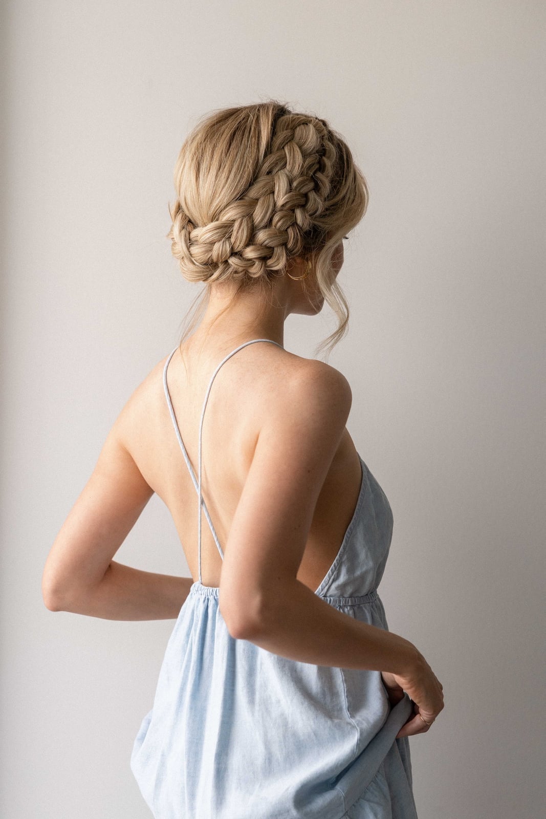 Collarbone Wavy Blonde Crown Braid Back View Collarbone Wavy Blonde Crown Braid Back View